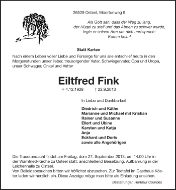 Traueranzeige von Eiltfried Fink von Ostfriesischer Kurier