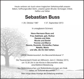 Traueranzeige von Sebastian Buss von Ostfriesischer Kurier