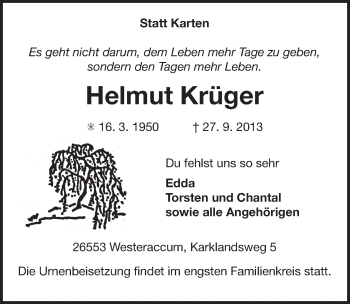 Traueranzeige von Helmut Krüger von Ostfriesischer Kurier