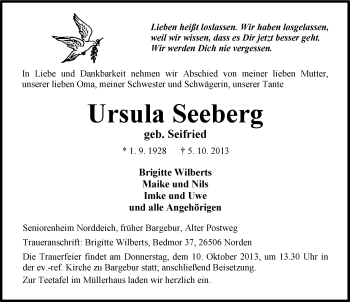Traueranzeige von Ursula Seeberg von Ostfriesischer Kurier