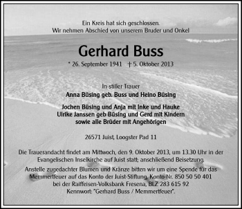 Traueranzeige von Gerhard Buss von Ostfriesischer Kurier