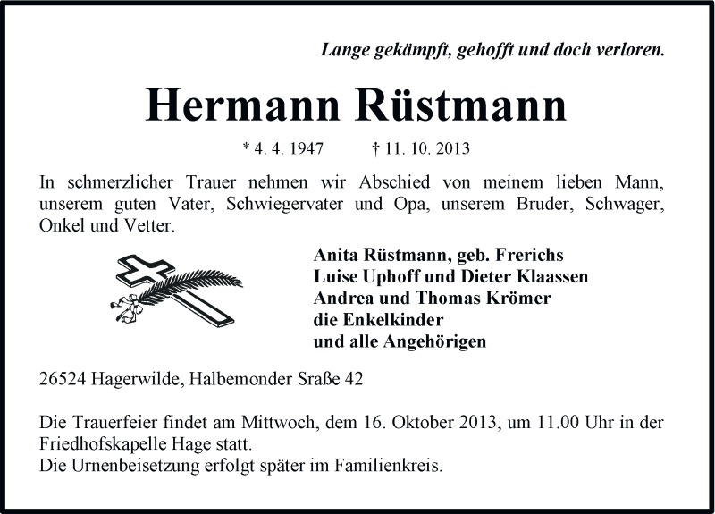  Traueranzeige für Hermann Rüstmann vom 15.10.2013 aus Ostfriesischer Kurier