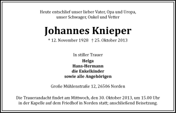Traueranzeige von Johannes Knieper von Ostfriesischer Kurier