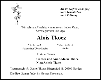 Traueranzeige von Alois Tkocz von Ostfriesischer Kurier