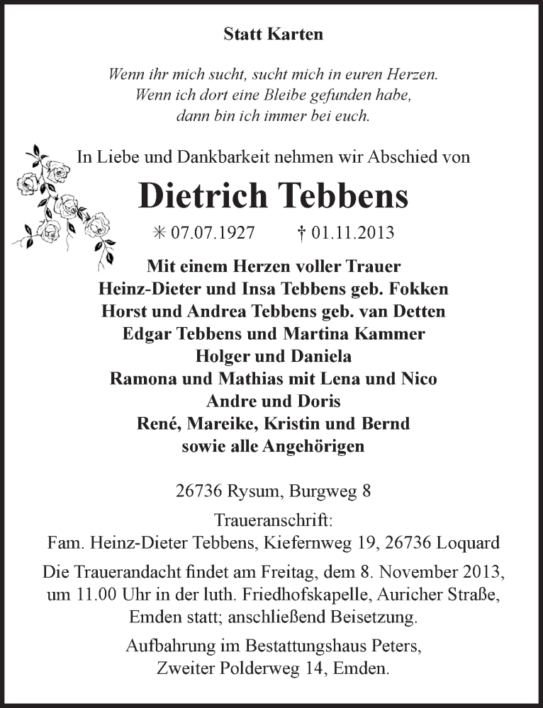  Traueranzeige für Dietrich Tebbens vom 04.11.2013 aus Ostfriesischer Kurier