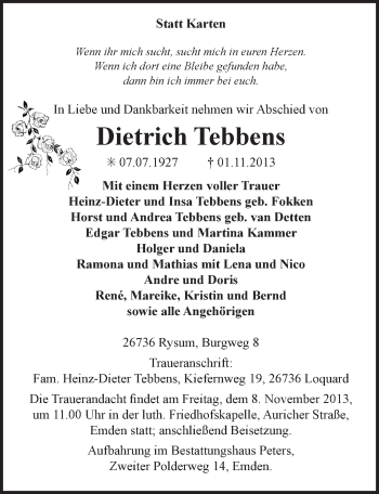 Traueranzeige von Dietrich Tebbens von Ostfriesischer Kurier