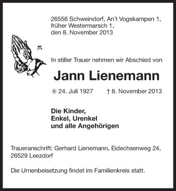 Traueranzeige von Jann Lienemann von Ostfriesischer Kurier