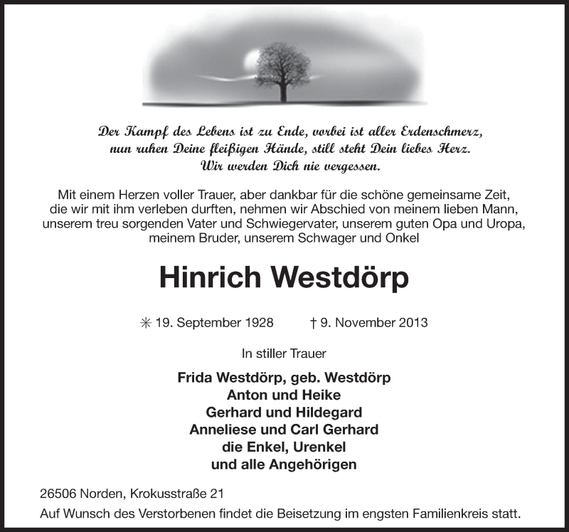  Traueranzeige für Hinrich Westdörp vom 11.11.2013 aus Ostfriesischer Kurier