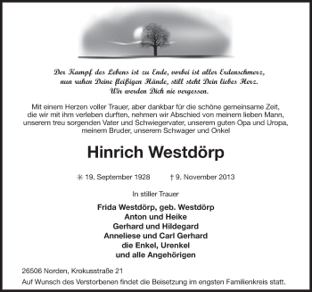 Traueranzeige von Hinrich Westdörp von Ostfriesischer Kurier