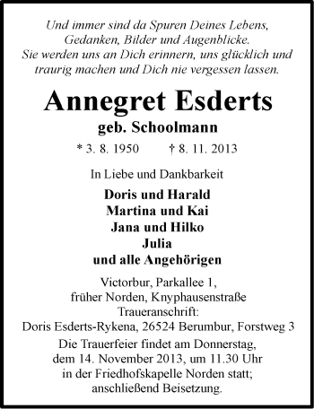 Traueranzeige von Annegret Esderts von Ostfriesischer Kurier