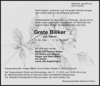 Traueranzeige von Grete Billker von Ostfriesischer Kurier