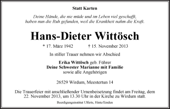 Traueranzeige von Hans-Dieter Wittösch von Ostfriesischer Kurier