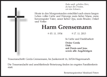 Traueranzeige von Harm Grensemann von Ostfriesischer Kurier