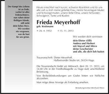 Traueranzeige von Frieda Meyerhoff von Ostfriesischer Kurier