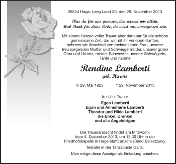 Traueranzeige von Rendine Lamberti von Ostfriesischer Kurier