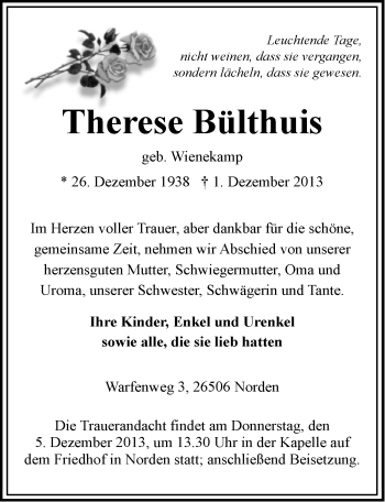 Traueranzeige von Therese Bülthuis von Ostfriesischer Kurier