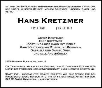 Traueranzeige von Hans Kretzmer von Ostfriesischer Kurier