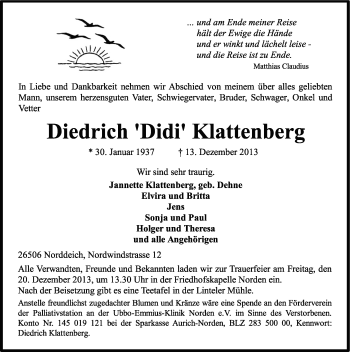 Traueranzeige von Diedrich Klattenberg von Ostfriesischer Kurier