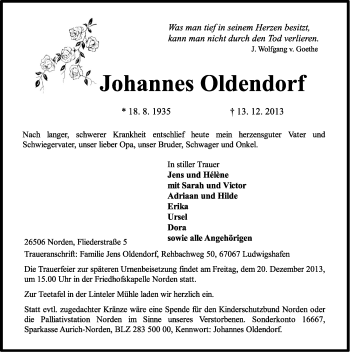 Traueranzeige von Johannes Oldendorf von Ostfriesischer Kurier
