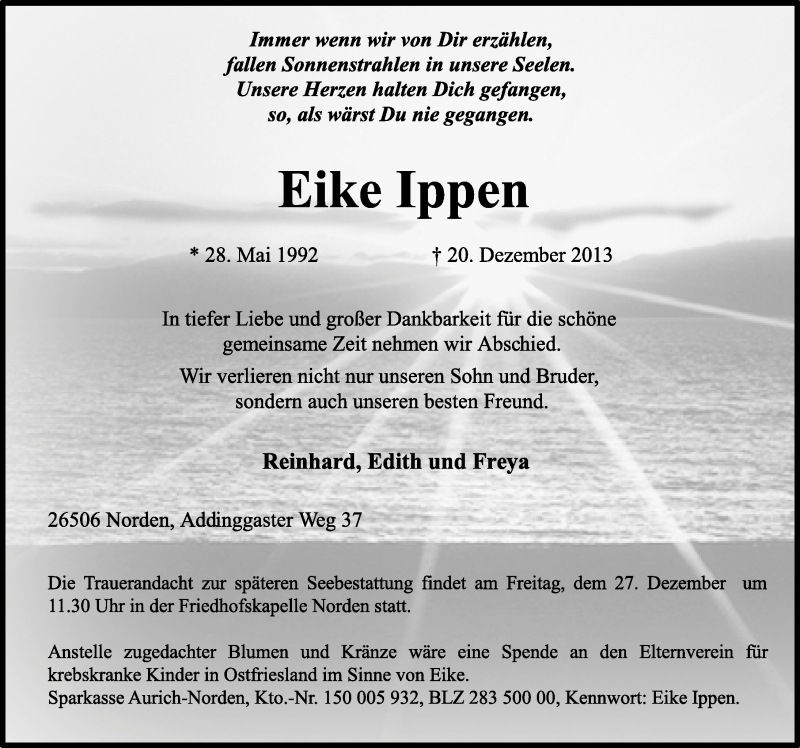  Traueranzeige für Eike Ippen vom 23.12.2013 aus Ostfriesischer Kurier