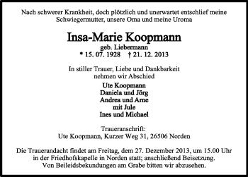 Traueranzeige von Insa-Marie Koopmann von Ostfriesischer Kurier
