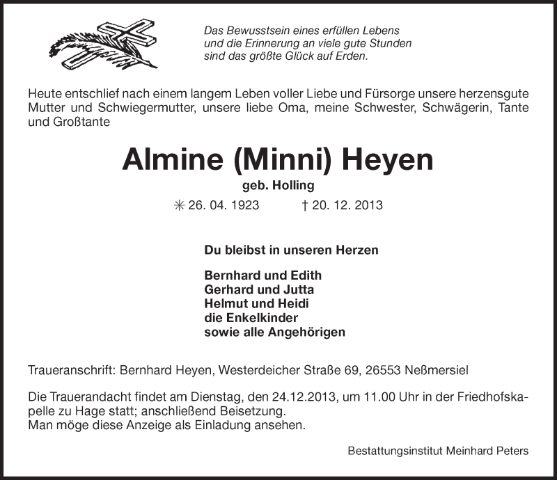  Traueranzeige für Almine Heyen vom 23.12.2013 aus Ostfriesischer Kurier