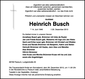 Traueranzeige von Heinrich Busch von Ostfriesischer Kurier