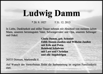 Traueranzeige von Ludwig Damm von Ostfriesischer Kurier