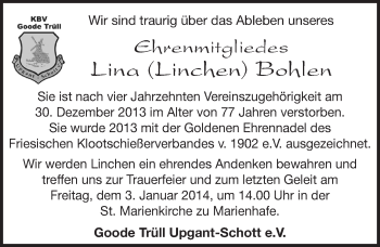 Traueranzeige von Lina Bohlen von Ostfriesischer Kurier