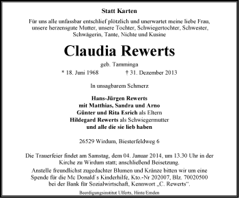 Traueranzeige von Claudia Rewerts von Ostfriesischer Kurier
