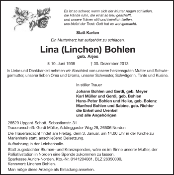 Traueranzeige von Lina Bohlen von Ostfriesischer Kurier