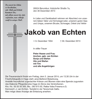 Traueranzeige von Jakob van Echten von Ostfriesischer Kurier
