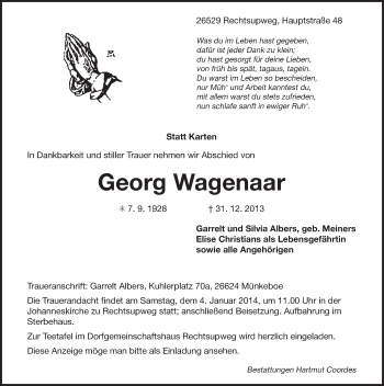 Traueranzeige von Georg Wagenaar von Ostfriesischer Kurier