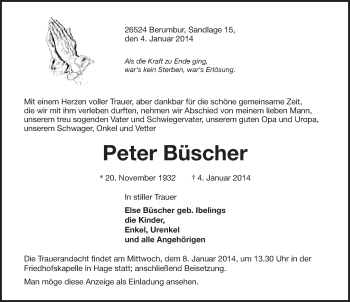 Traueranzeige von Peter Büscher von Ostfriesischer Kurier