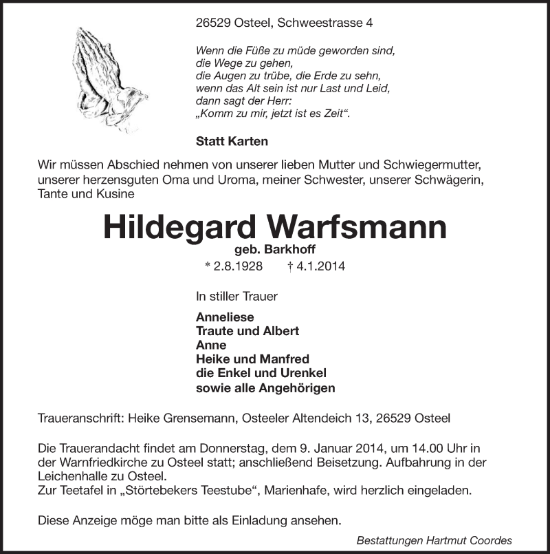  Traueranzeige für Hildegard Warfsmann vom 06.01.2014 aus Ostfriesischer Kurier
