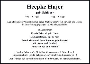 Traueranzeige von Heepke Hujer von Ostfriesischer Kurier