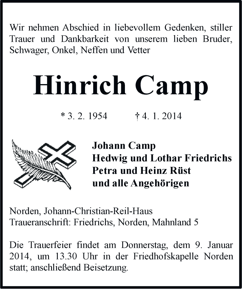  Traueranzeige für Hinrich Camp vom 06.01.2014 aus Ostfriesischer Kurier