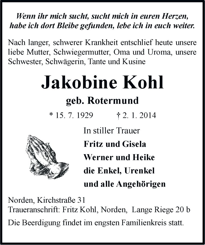  Traueranzeige für Jakobine Kohl vom 06.01.2014 aus Ostfriesischer Kurier