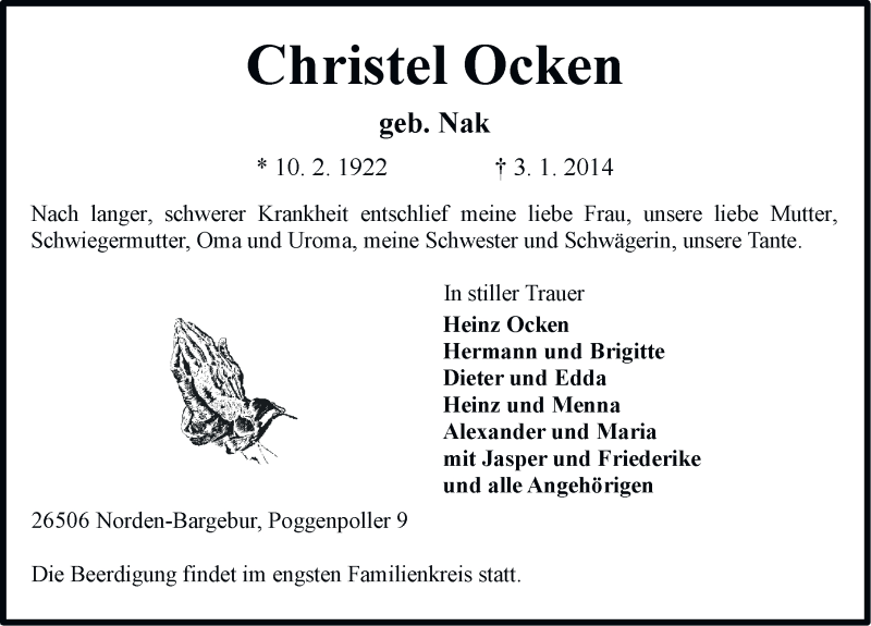  Traueranzeige für Christel Ocken vom 06.01.2014 aus Ostfriesischer Kurier