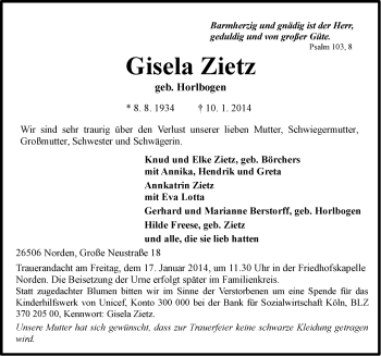 Traueranzeige von Gisela Zietz von Ostfriesischer Kurier