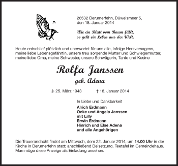 Traueranzeige von Rolfa Janssen von Ostfriesischer Kurier