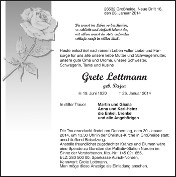 Traueranzeige von Grete Lottmann von Ostfriesischer Kurier