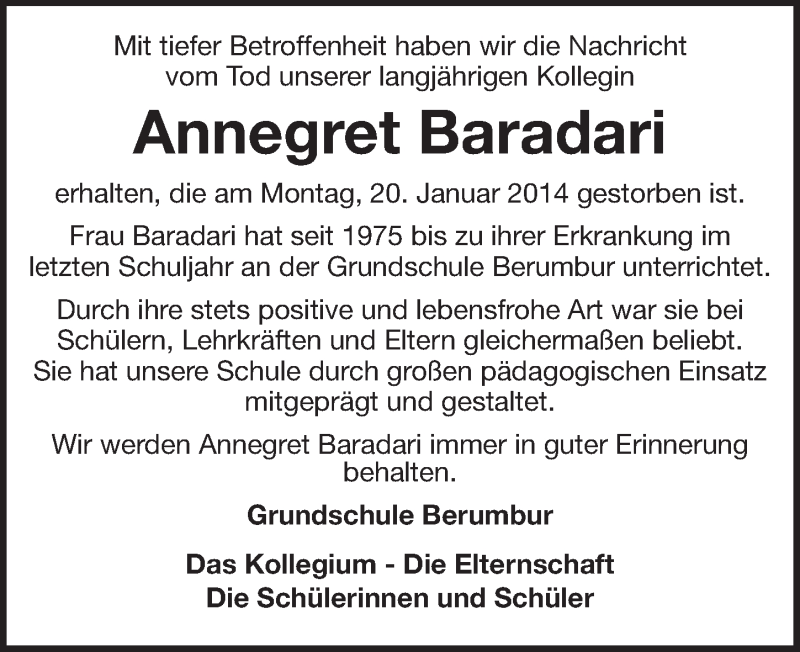  Traueranzeige für Annegret Baradari vom 27.01.2014 aus Ostfriesischer Kurier