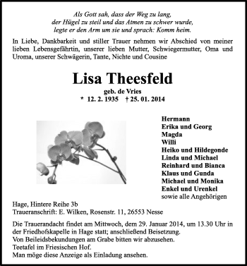 Traueranzeige von Lisa Theesfeld von Ostfriesischer Kurier