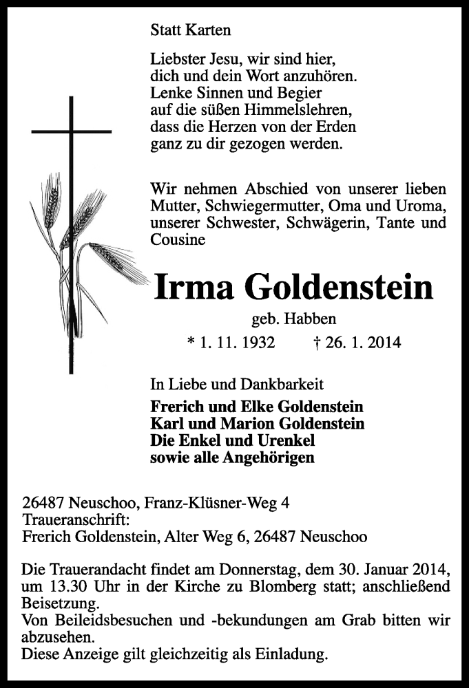  Traueranzeige für Irma Goldenstein vom 27.01.2014 aus Ostfriesischer Kurier
