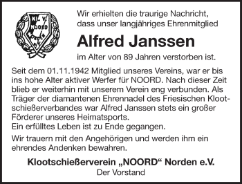 Traueranzeige von Alfred Janssen von Ostfriesischer Kurier
