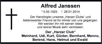 Traueranzeige von Alfred Janssen von Ostfriesischer Kurier