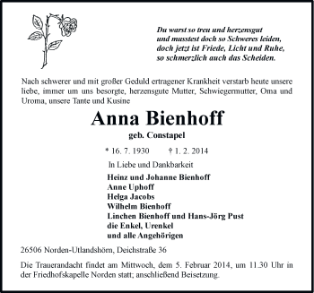 Traueranzeige von Anna Bienhoff von Ostfriesischer Kurier
