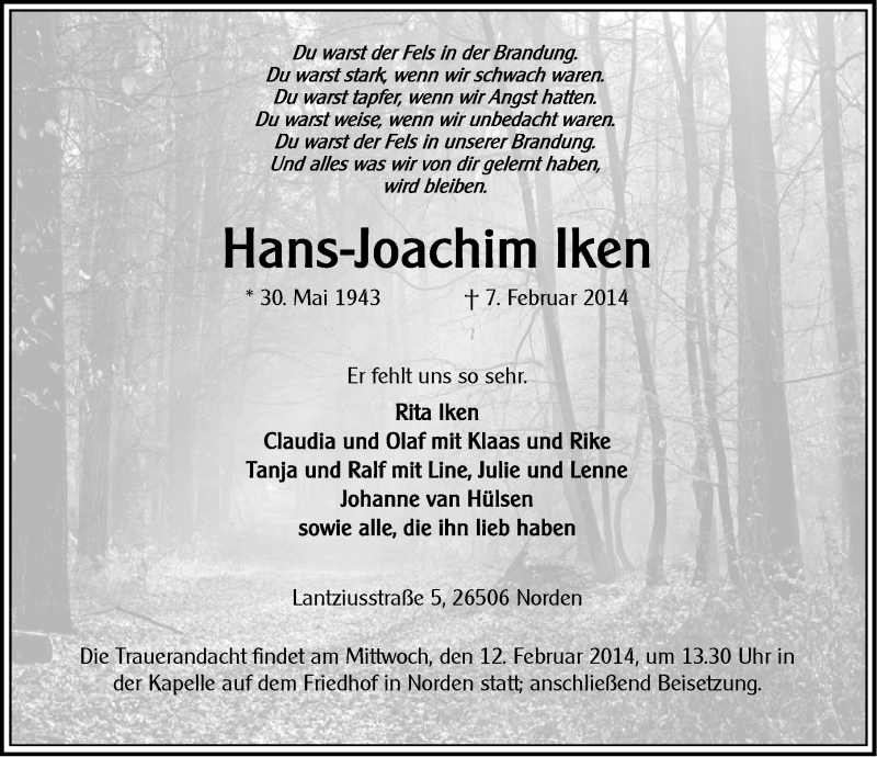  Traueranzeige für Hans-Joachim Iken vom 10.02.2014 aus Ostfriesischer Kurier