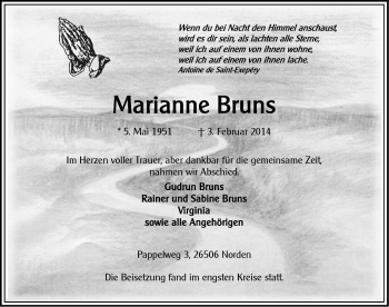 Traueranzeige von Marianne Bruns von Ostfriesischer Kurier